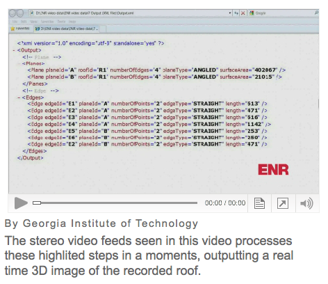 The stereo video feeds seen here process the highlighted steps in a moments time, outputting real-time 3D images of the recorded roof.