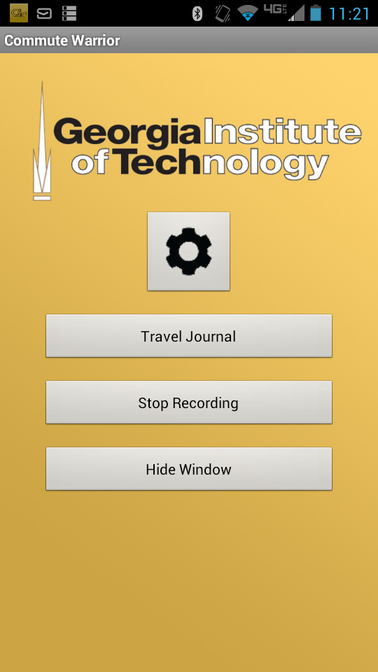The Commute Warrior app's main menu. Here, users can describe the purpose of their trips and adjust settings such as when the app sends data.