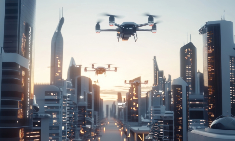 An illustration of air taxis flying over a city 