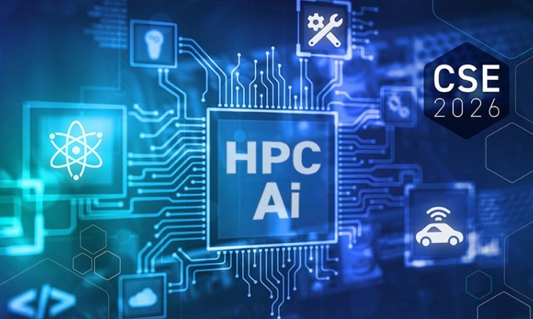 A graphic resembling a computer chip with the words CSE 2026 and HPC Ai