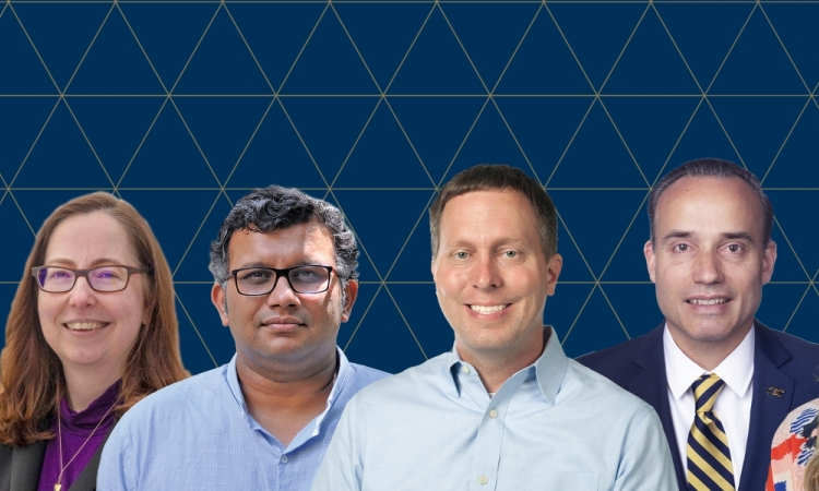 Portraits of Todd Long, Laurie Garrow, Ameet Pinto, Eric Marks, Hermann Fritz and Sofie Perez Guzman on a blue background with a gold triangle grid pattern