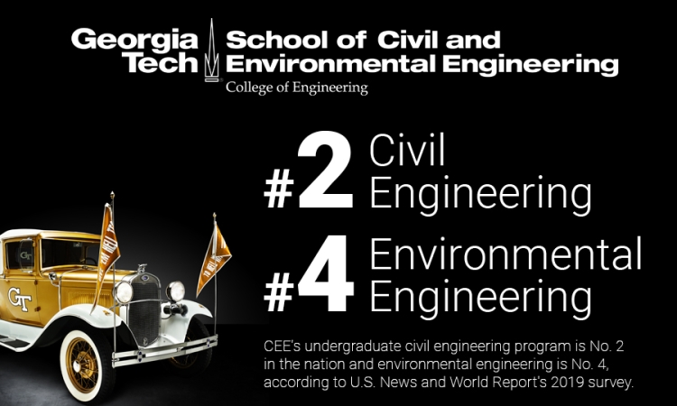The School of Civil and Environmental Engineering's undergrad civil program is No. 2 in the nation and environmental is No. 4, according to U.S. News and World Report's 2019 survey (graphic includes photo of the Ramblin' Reck).