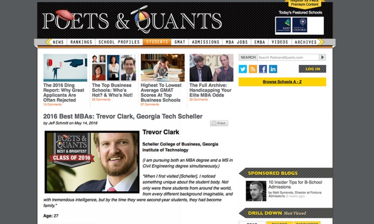 A screenshot of the Poets&Quants website naming master's student Trevor Clark on the nation's best MBA students.