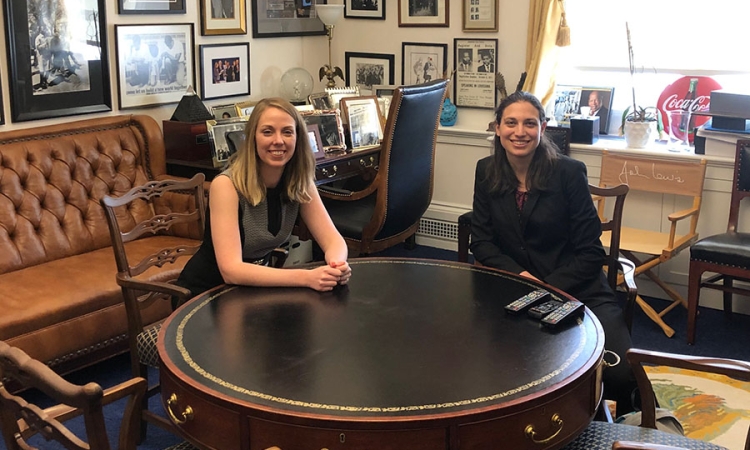 Environmental engineering Ph.D. student Laura Mast, left, and math Ph.D. student Samantha Petti visit Georgia congressman John Lewis' office. They were unable to meet with Lewis, but they did have conversations with staffers from several Georgia representatives' offices during the Catalyzing Advocacy for Scientists and Engineers Workshop, a three-day crash course in federal policymaking and science advocacy. Mast and Petti were the only two students from Georgia Tech who attended. (Photo: Robert Knotts)