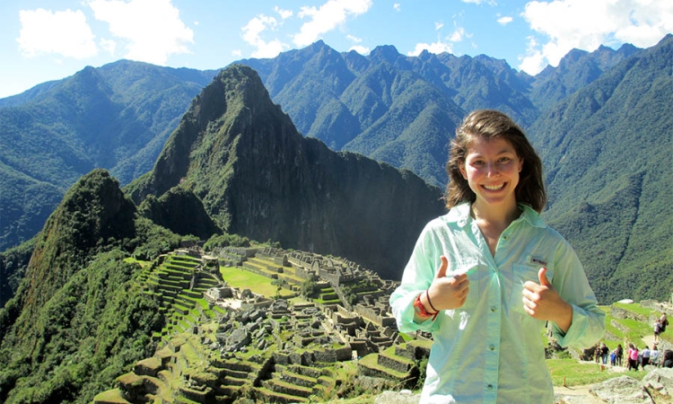 Georgia Tech senior Maya Goldman at Machu Picchu in Peru. The structure behind her shows how Inca engineers used terraces as retaining walls. "Being in Machu Picchu inspired me like no other place on Earth to continue my study of civil engineering," Goldman said, "to follow in the footsteps of those before me, and to build a future based on sharing knowledge and closely observing environmental processes, just like Incan engineers." (Photo Courtesy: Maya Goldman)