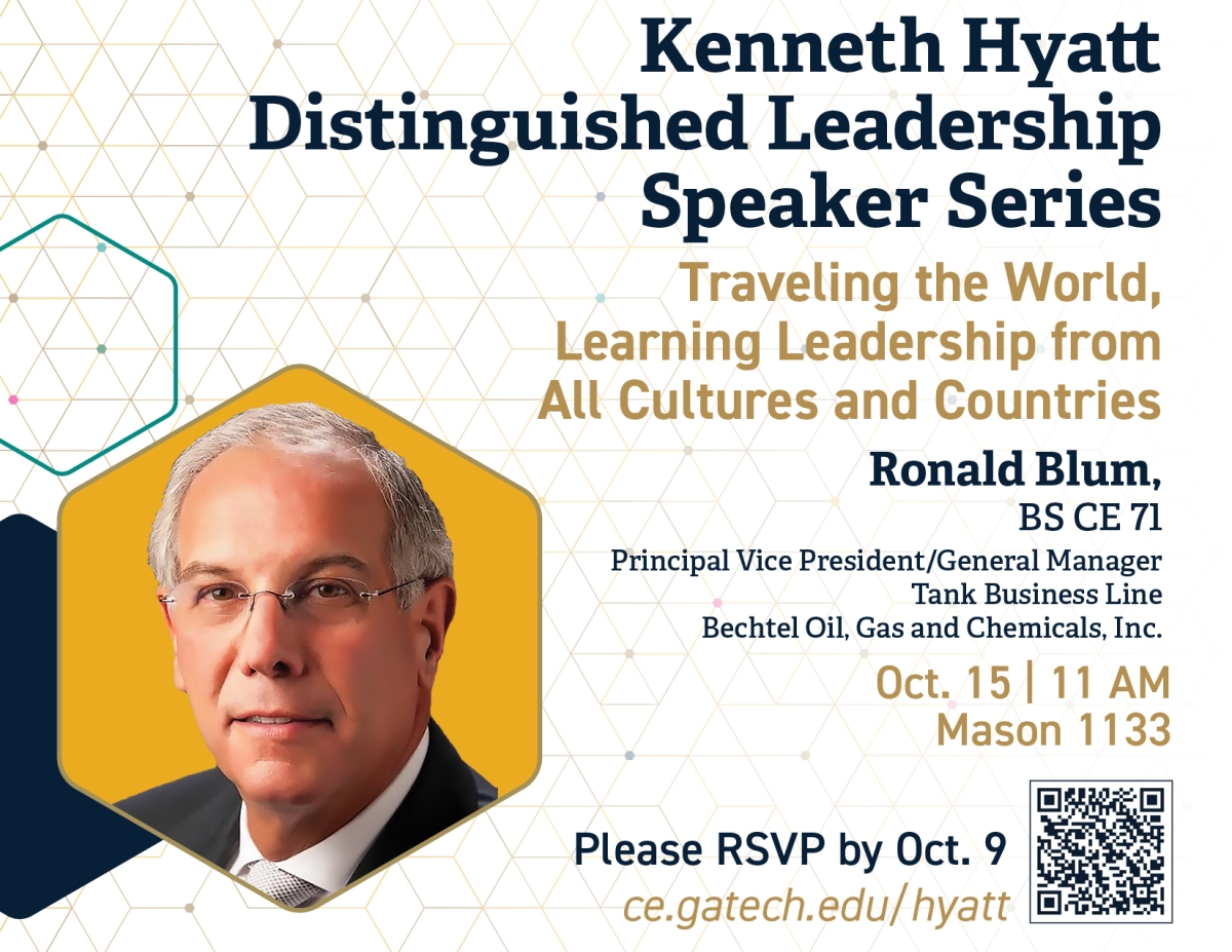 Ad for the Hyatt Speaker Series on 10/15/26 featuring Ronald Blum in a blue blazer, white shirt and tie