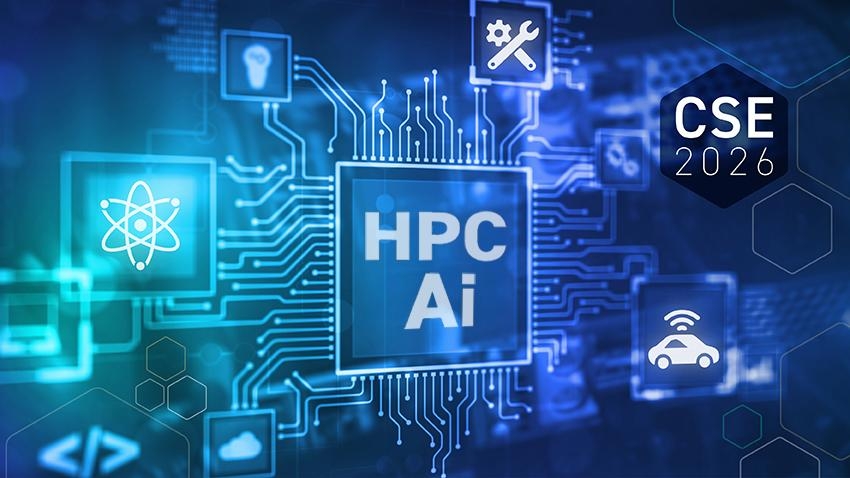 A graphic resembling a computer chip with the words CSE 2026 and HPC Ai